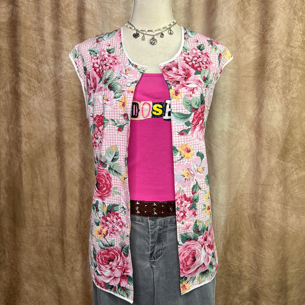 Vintage 70s Pinafore Apron Top Smock Tunic Floral Plaid Pearl Snap Pink Cottage